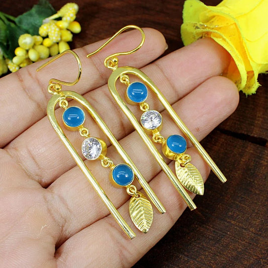 Blue Quartz & Cz Designer Gold Plated Earrings