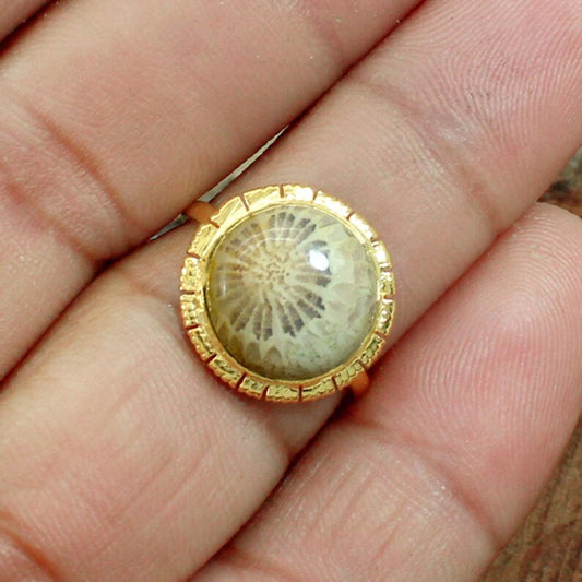 Natural Fossil Coral Gemstone Sterling Silver Ring