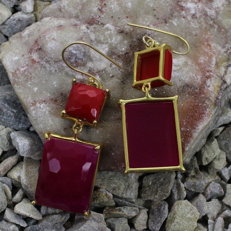 Fuchsia Chalcedony & Red Coral Multi Stone Earrings