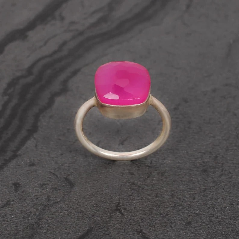 925 Sterling Silver Fuchsia Chalcedony Rose Gold Plated Ring