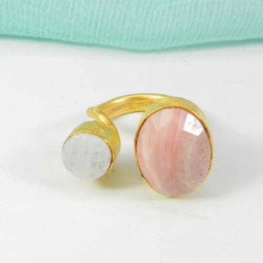 Rhodochrosite & Rainbow Moonstone Gold Plated Handmade Ring