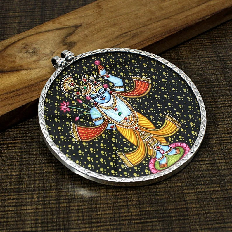 925 Sterling Silver Indian Hindu Deity Hand Painted Pendant