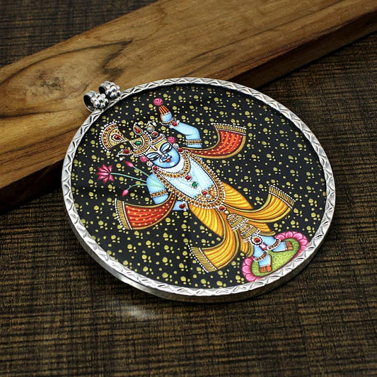 925 Sterling Silver Indian Hindu Deity Hand Painted Pendant