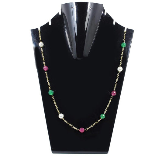 Green Onyx & White Pearl Beads Gold Chain Necklace