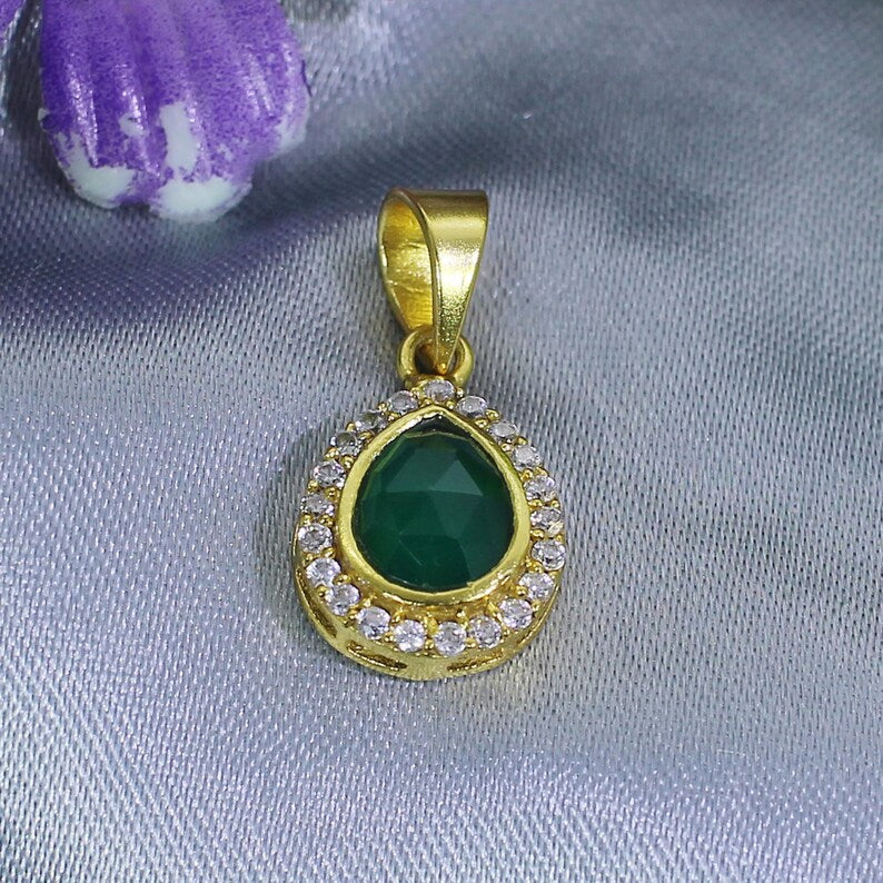 Gold Plated Green Onyx And Cubic Zirconia Brass Pendant