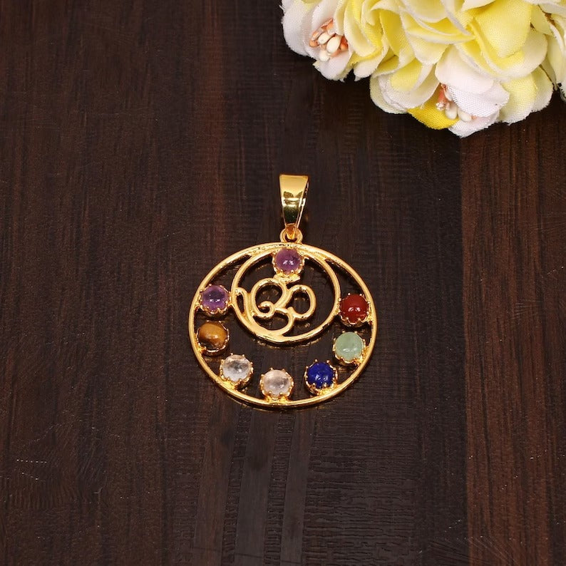 Hindu Religious Gold Plated Om Round Pendant