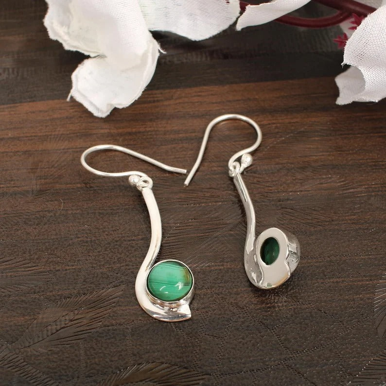 Malachite Gemstone Silver Plated Brass Earrings