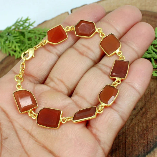 Red Onyx Gemstone Link Chain Bracelet