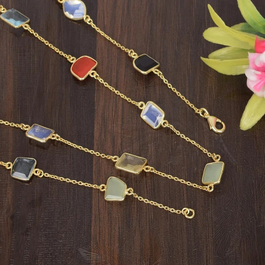 Gold Plated Multi Uneven Gemstone Brass Necklace