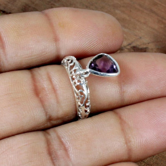 Trillion Amethyst Gemstone Sterling Silver Ring