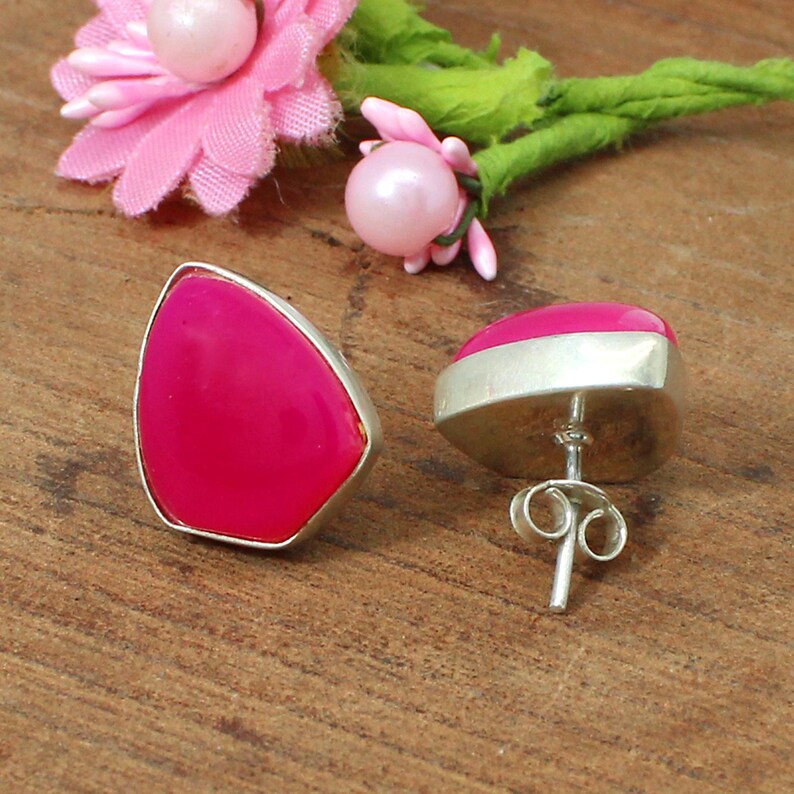 92.5 Sterling Silver Fuchsia Chalcedony Gemstone Earrings