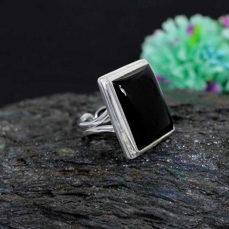 Natural Black Onyx Gemstone 92.5 Sterling Silver Ring