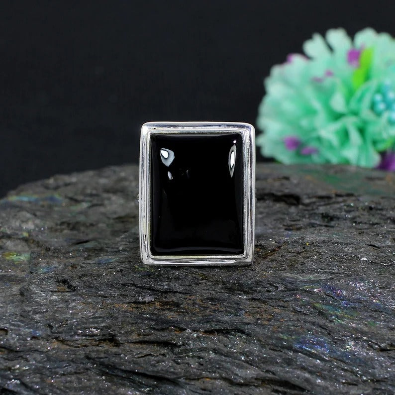 Natural Black Onyx Gemstone 92.5 Sterling Silver Ring