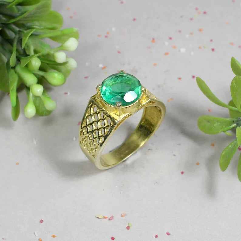 925 Sterling Silver Synthetic Emerald Unisex Ring