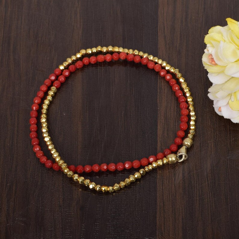 Red Coral And Golden Pyrite Beads Necklace