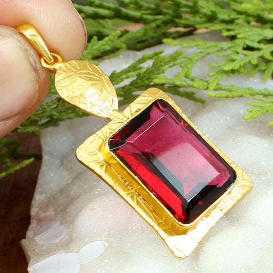 Gold Plated Brass Pink Tourmaline Pendant ..