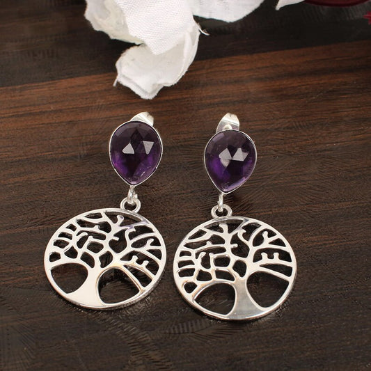 Purple Amethyst Gemstone Silver Plated Brass Earrings