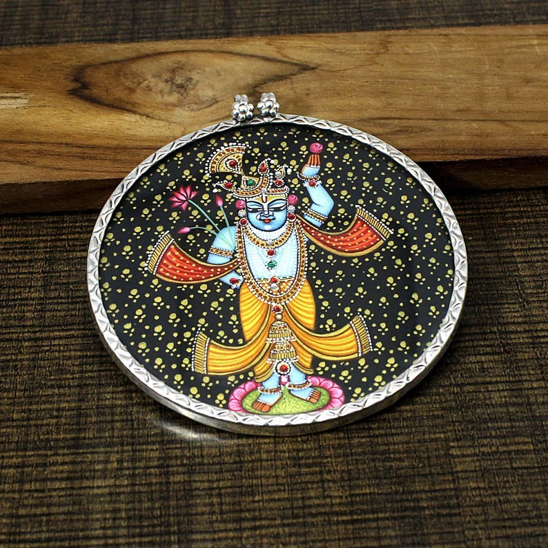 925 Sterling Silver Indian Hindu Deity Hand Painted Pendant