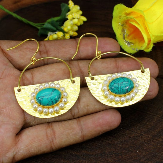 Gold Plated Hammered Earrings With Turquoise Gemstone