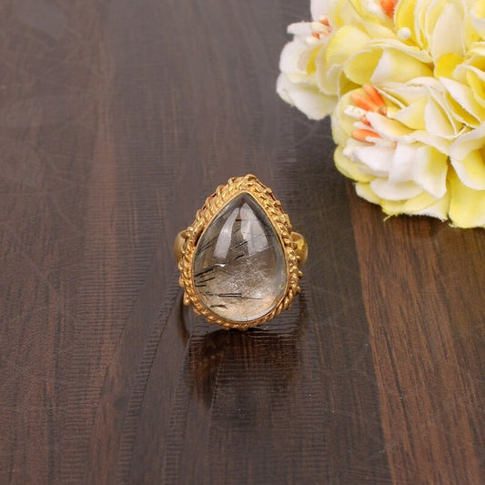 Handmade Natural Black Rutile Traditional Ring