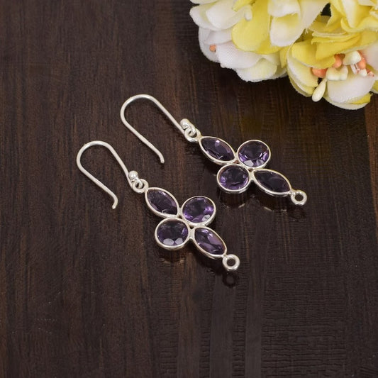 925 Sterling Silver Purple Amethyst Dangling Earrings