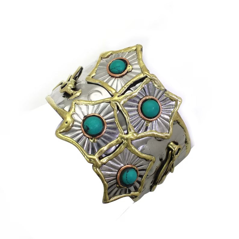 Synthetic Turquoise Gemstone Brass Cuff Bangle