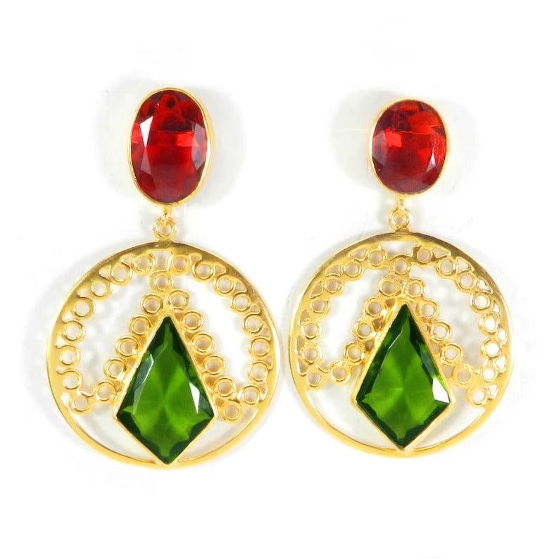 Peridot & Garnet Gemstone Gold Plated Designer Earrings