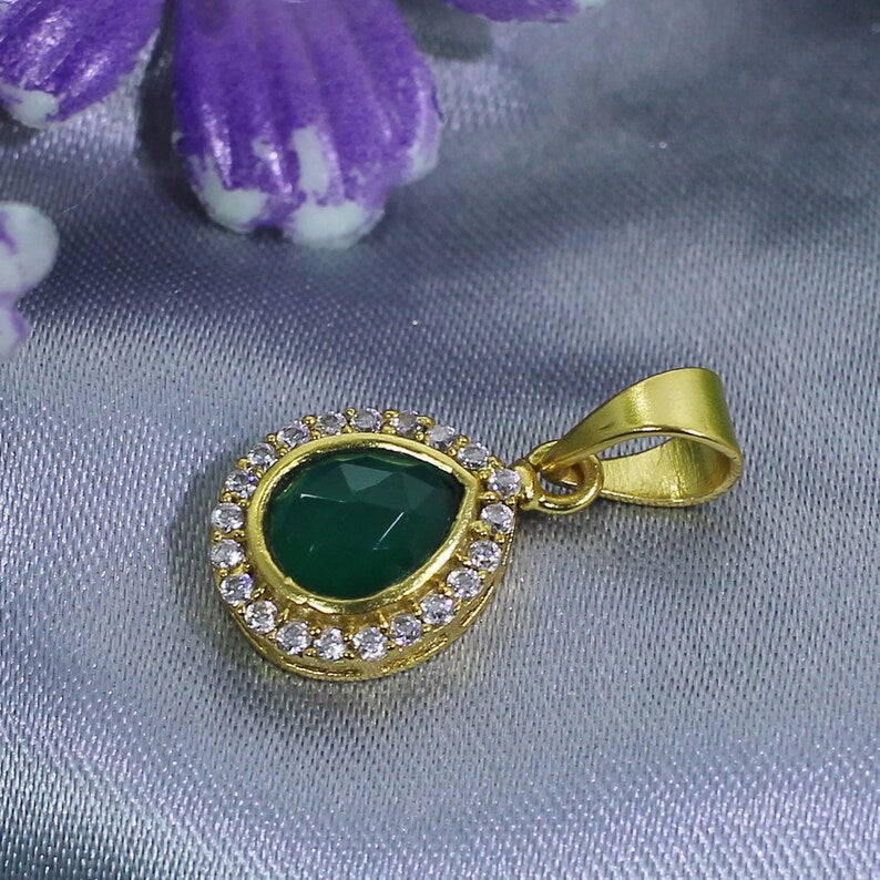 Gold Plated Green Onyx And Cubic Zirconia Brass Pendant