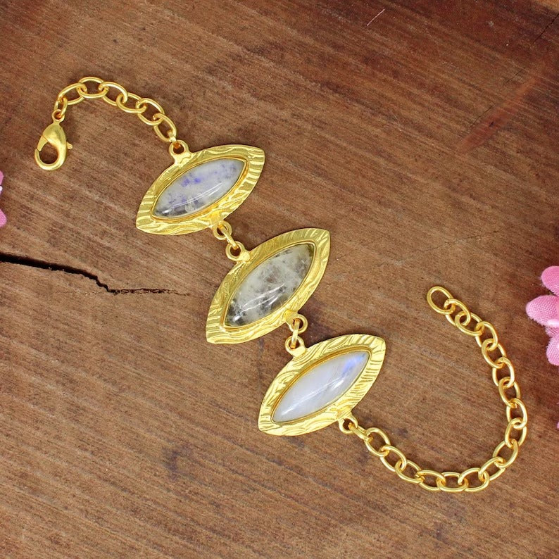 Natural Rainbow Moonstone Gold Plated Brass Bracelet