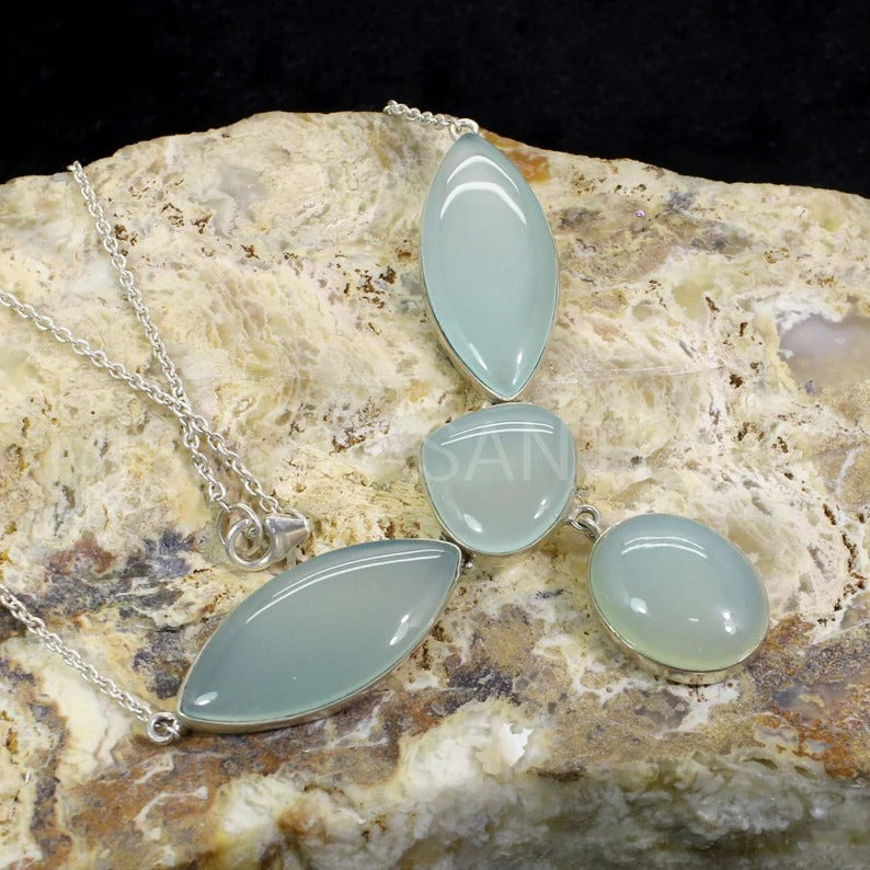 92.5 Sterling Silver Aqua Chalcedony Gemstone Necklace