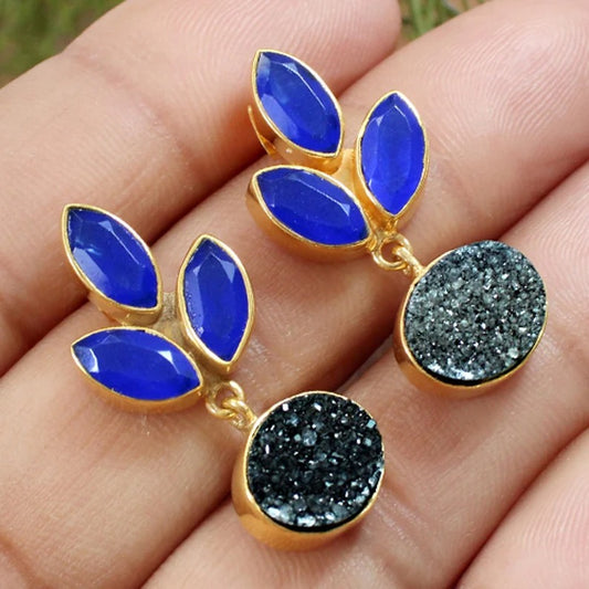 Blue Chalcedony & Black Druzy Earrings Gold Plated Women Earrings