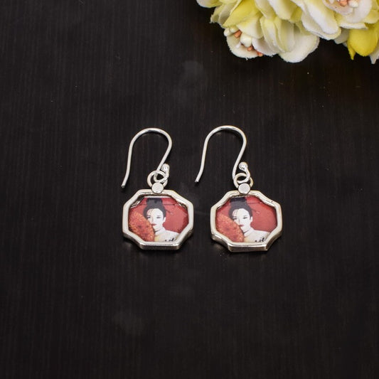 Japanese Doll Picture Handmade Painting 92.5 Sterling Silver Earrings