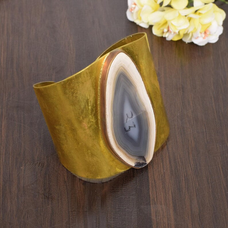 Brazilian Slice Agate Gold Plated Handmade Cuff Bangle