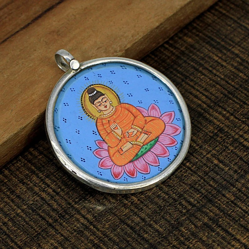 925 Sterling Silver Lord Buddha Painting-Glass Frame Pendant