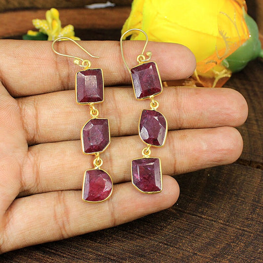 Gold Plated Ruby Corundum Earrings