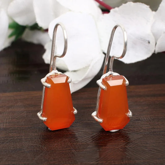 Carnelian Gemstone Coffin Shape Silver Plated Brass Earrings