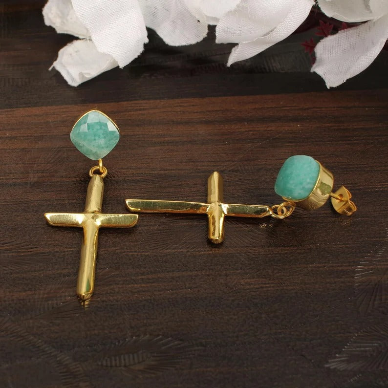 Amazonite Gemstone Gold Plated Earrings