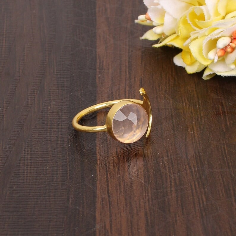 Rose Quartz Half Moon Brass Ring