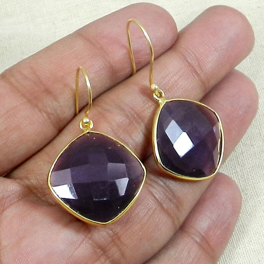 Amethyst Gemstone Brass Bezel Set Earrings