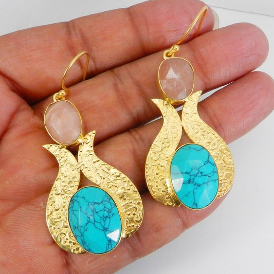 Peach Moonstone & Turquoise Gemstone Gold Plated Brass Earrings