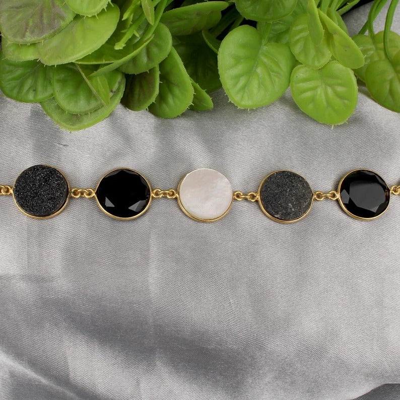 Natural Black Druzy And Mother Of Pearl Gemstone Bracelet