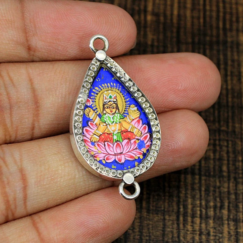 Hindu Goddess Laxmi Hand Painted 925 Sterling Silver Pendant (Connector)