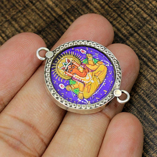 Lord Ganesha Handmade Painting 925 Sterling Silver Pendant (Connector)