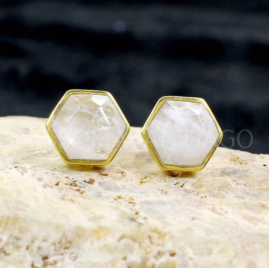 Hexagon Rainbow Moonstone Gemstone Bezel Set Gold Plated Brass Stud Earrings