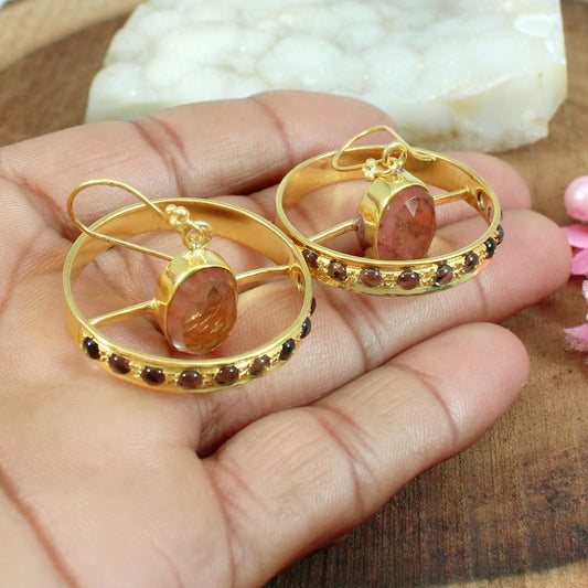 Cherry Quartz & Smoky Quartz Gold Plated Brass Earrings