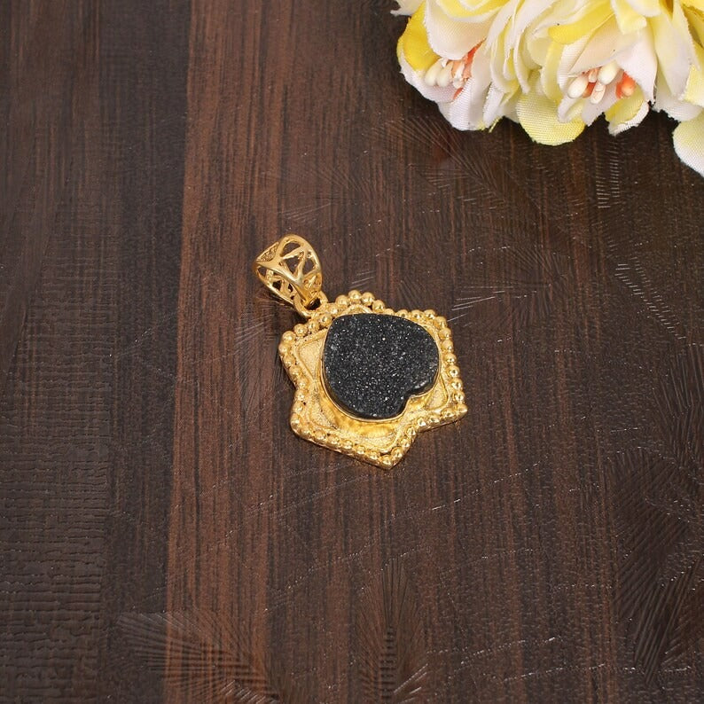 Gold Plated Black Druzy Pendant