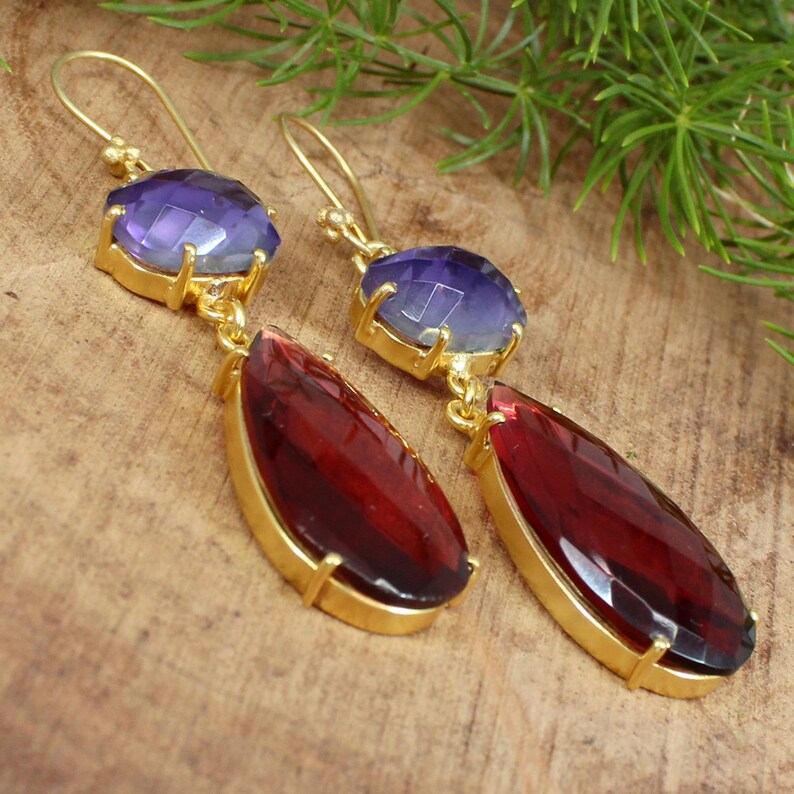 Amethyst & Pink Tourmaline Gemstone Gold Plated Earrings