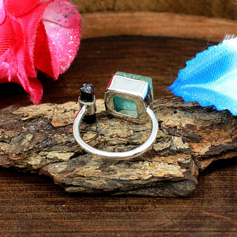 Natural Amazonite & Green Tourmaline Gemstone 92.5 Sterling Silver Ring