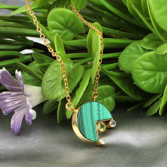 Gold Plated Malachite And Cubic zirconia Brass Necklace