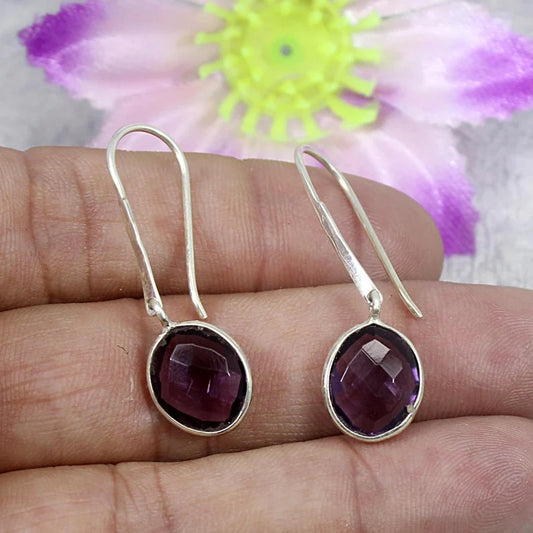 925 Sterling Silver Amethyst Gemstone Oval Drop Earrings